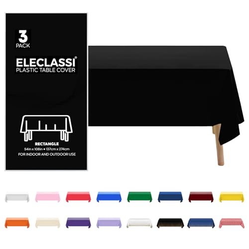 Eleclassi 3 Pack Disposable Black Plastic Tablecloths 54 x 108 in for Rectangular Tables - Halloween Party Decor