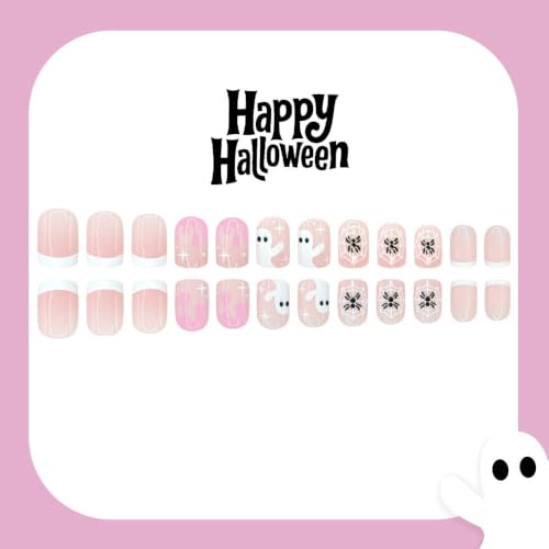 Halloween Short Square Press-On Nails with Ghost & Spider Web Design - Pink, Reusable, 24 Pieces - Variation Color37