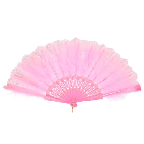 Pink Feather Hand Fan - Vintage Folding Fan for Retro Parties & Weddings