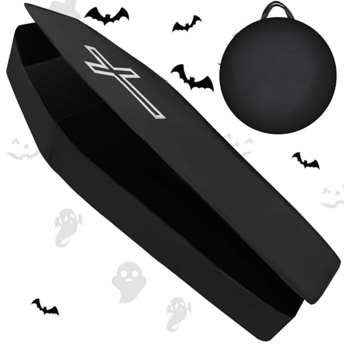 Halloween Cemetery Pop Up Coffin Prop with Cross - Life Size 60 Inch Collapsible Fake Casket for Haunted House & Party Decor