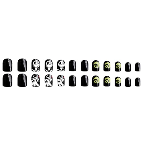 Halloween Press on Nails Short Square Black Fake Nails with Designs - Halloween Nails14
