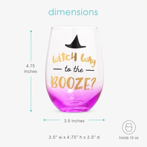 Halloween Stemless Wine Glass - Witch Way to the Booze, 15 oz - Spooky Fall Drinkware