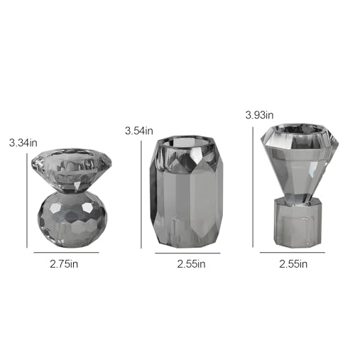 Smoky Grey Crystal Candle Holder Set of 3 - Elegant Glass Stand for Pillar Taper Tealight Candles, Wedding & Holiday Decor