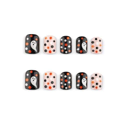 Halloween Short Square Press On Nails with Ghost Polka Dots - Style-14, 24Pcs