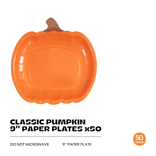 9-Inch Pumpkin Paper Plates - Fall Thanksgiving Party Tableware - Pack of 50