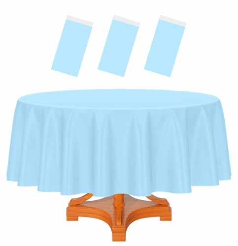 Light Blue Round Plastic Tablecloth 84 Inch Waterproof Disposable for Parties and Events
