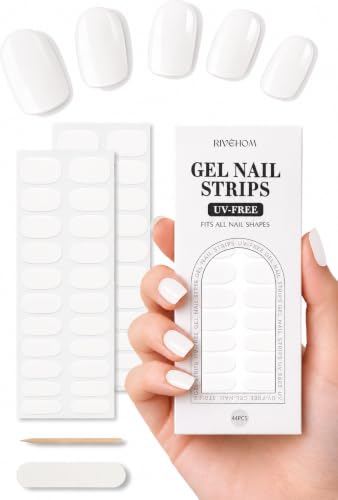 RIVÉHOM Gel Nail Strips 44Pcs - White No UV Needed, Long Lasting & Chip Resistant