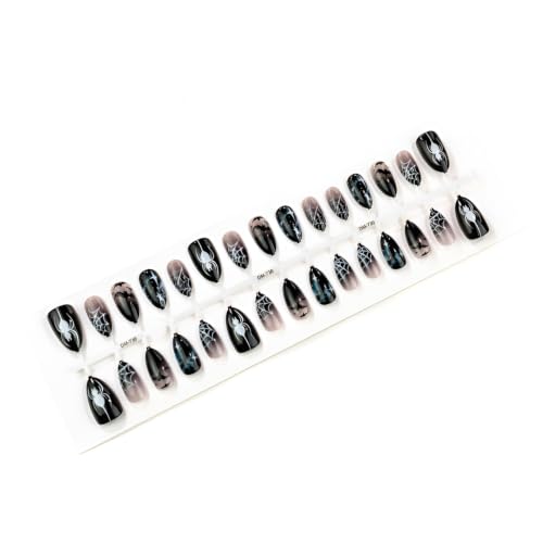 Halloween Press On Nails Medium Almond Fake Nails Black Gradient - Easy to Apply, Spooky Nail Art