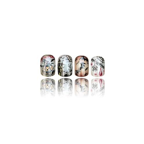 Halloween Short Square Press-On Nails with Blood Spider Web Bat Pumpkin Designs - 24Pcs