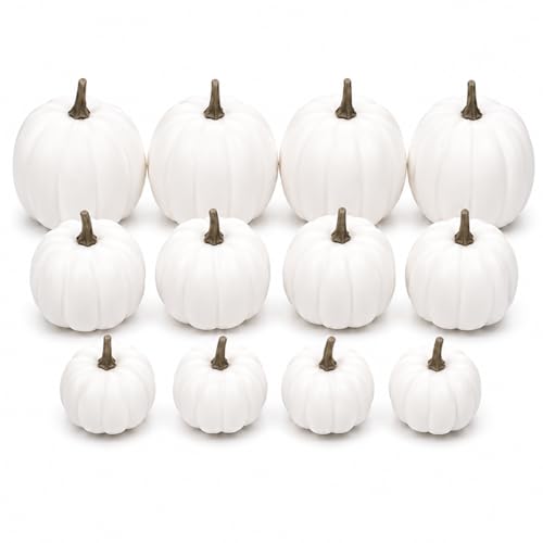 White Mini Pumpkins Artificial Fall Decor Set - 12 Pieces in 3 Sizes with Variation