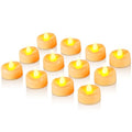 Battery Operated Flickering Tea Lights with Timer - Ring Edge, Warm Yellow Glow, Ivory Base, 12 Pack