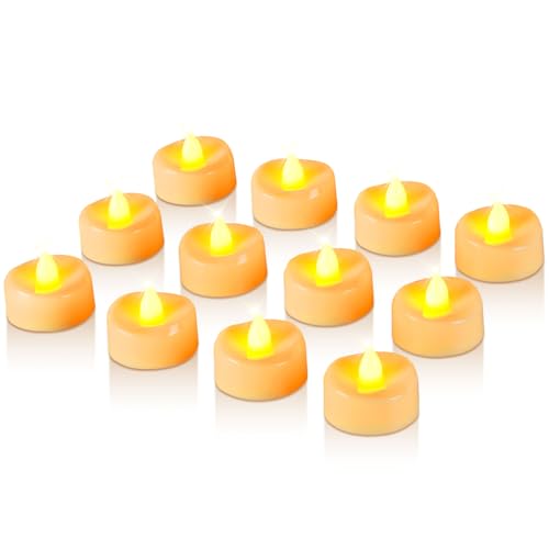 Battery Operated Flickering Tea Lights with Timer - Ring Edge, Warm Yellow Glow, Ivory Base, 12 Pack
