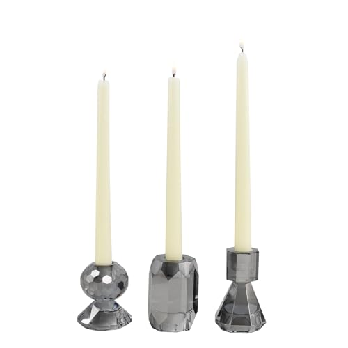 Smoky Grey Crystal Candle Holder Set of 3 - Elegant Glass Stand for Pillar Taper Tealight Candles, Wedding & Holiday Decor