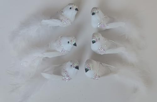 Set of 6 Artificial White Doves with Glitter for Christmas Tree Decor