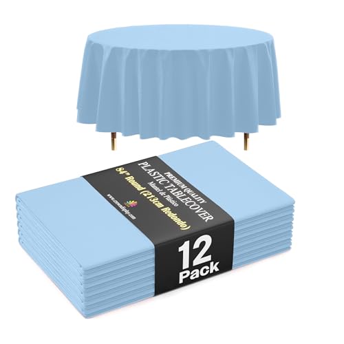 Light Blue Disposable Round Tablecloth 84 Inch 12 Pack - Thicker, Waterproof, Spillproof