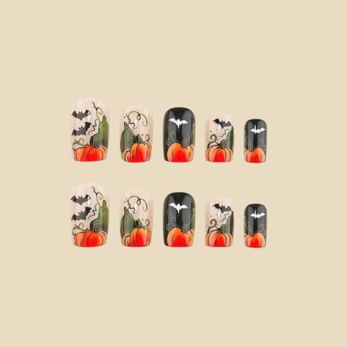 Halloween Press-On Nails Medium Square Pumpkin & Bat Design Black Nude Variation - 24 Pcs
