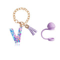 Purple Macron Heart Sequins Initial Letter Cup Charm & Straw Cover Cap for Stanley Cup