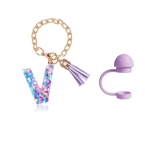 Purple Macron Heart Sequins Initial Letter Cup Charm & Straw Cover Cap for Stanley Cup