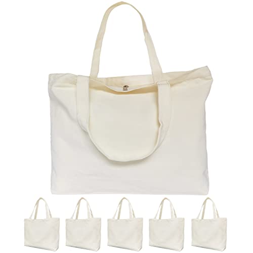 Beige Zippered Canvas Tote Bag - 17x14 Inch Reusable Grocery Shopping Bag with Flat Bottom - 6 Pack