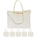 Beige Zippered Canvas Tote Bag - 17x14 Inch Reusable Grocery Shopping Bag with Flat Bottom - 6 Pack