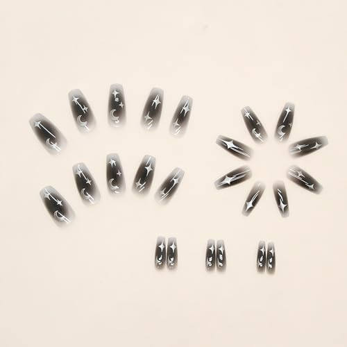 Star Press-On Nails Medium Coffin Shape Black Gradient Moon & Star Design - Reusable Silver Gray Fake Nails for Women & Girls - 24pcs
