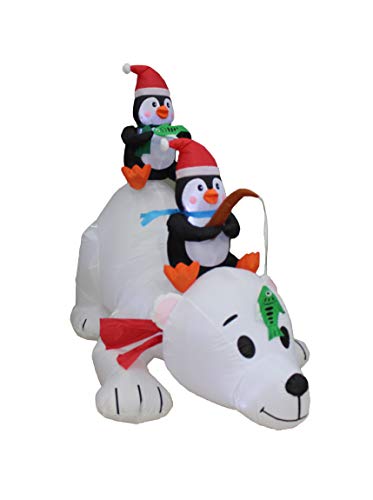 Lighted Christmas Inflatable Penguins Fishing on Polar Bear - 6ft Holiday Yard Decor