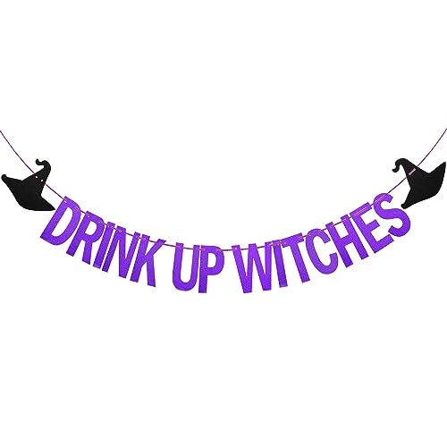 Purple Drink Up Witches Banner Halloween Party Decor Glitter Sign