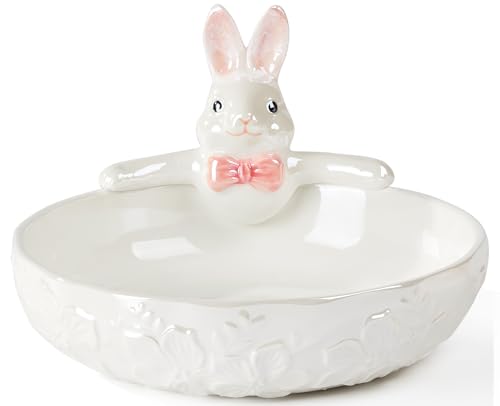 White 8-Inch Easter Bunny Candy Bowl - Shallow Ceramic Dish, 28 Oz