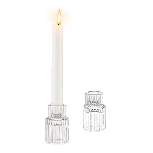 Glass Taper Candle Holders 2 Pcs Small Clear Table Decor - Elegant & Durable