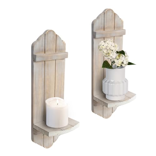 Wall Candle Sconces Set of Two - Rustic Wooden Candle Holders, Farmhouse Decor, Wash Brown