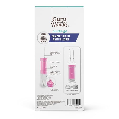 GuruNanda Valentine's Day Special Compact Water Dental Flosser, Portable Travel Size Oral Irrigator Flosser with Collapsible 180 ml Tank, Smart Timer, 4 Flossing Modes, TSA-Friendly - Pink