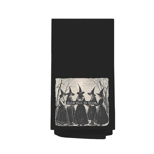 Halloween Witchy Hand Towel Set - Dark Academia Gothic Bathroom Decor - Witch Girl Will Be Girl Variation