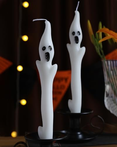 10-Inch Ghost White Taper Candles with Decorative Candlestick - Set of 2