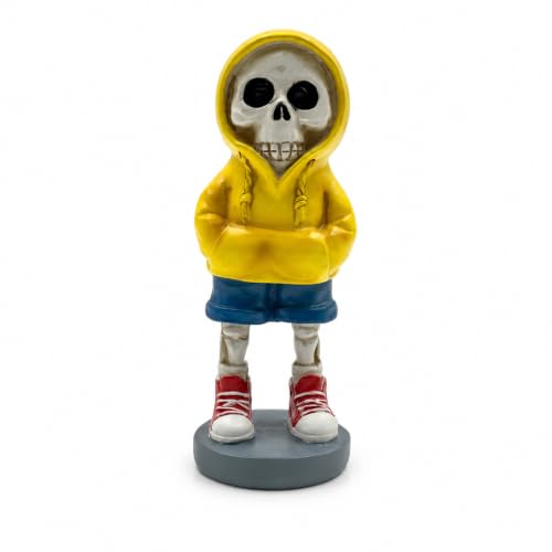 Yellow Hoodie Skeleton Figurine Decor - 5.1 Inch Gothic Halloween Shelf Statue
