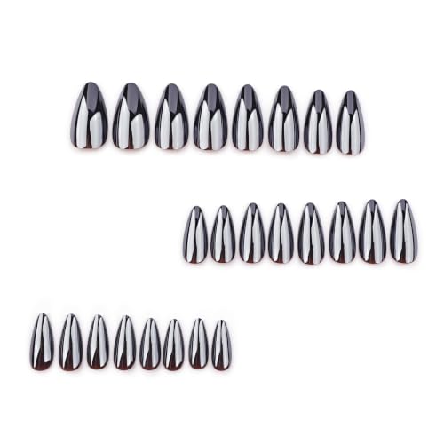 Chrome Almond Press On Nails - Medium Length Fake Nails with Glossy Black Finish & USPs