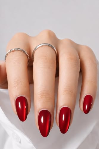 Ruby Red Cat Eye Short Almond Press On Nails - 32 Pcs, 16 Sizes, Reusable