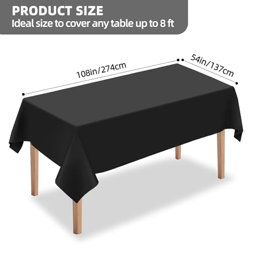 Disposable Plastic Tablecloths 54x108 Inches Black 6 Pack - Waterproof & Tear-Resistant