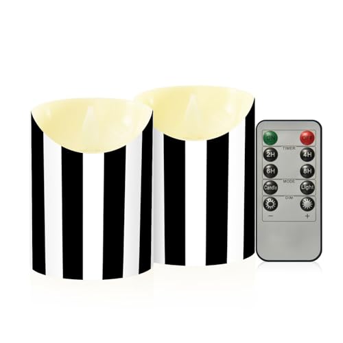 Set of 2 Flameless Candles with Remote - White & Black Stripe, Small & Large, Realistic LED Taper Candles