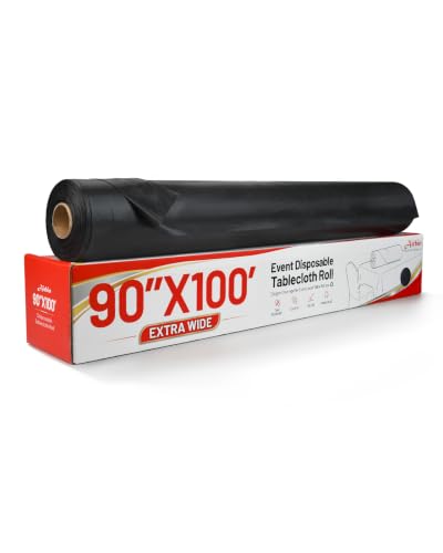 Black Plastic Table Cover Roll - 90 Inches x 1200 Inches Extra Wide Disposable Tablecloth with Variation