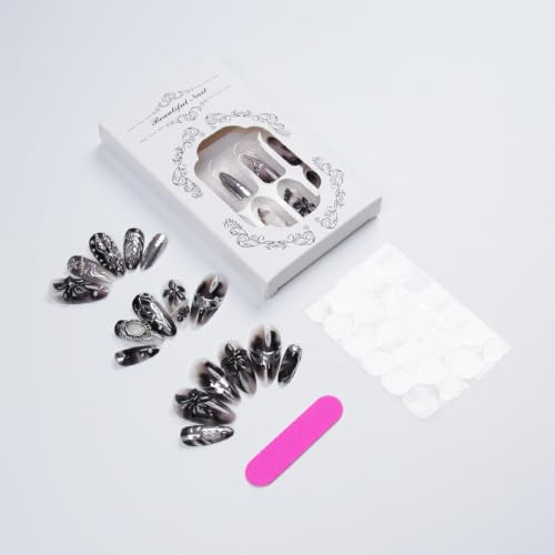 Halloween Y2K Black Press On Nails with 3D Flowers & Silver Charms - Variation 1272