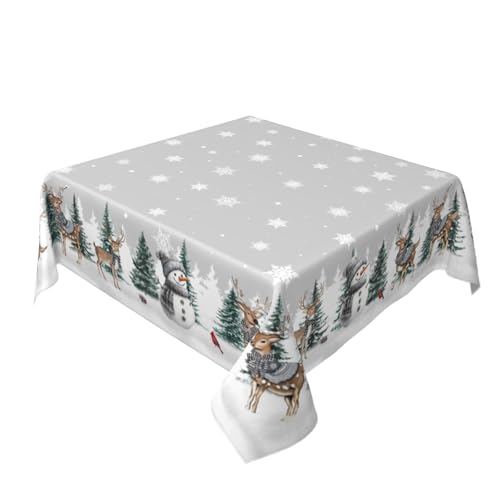 Reindeer Snowman Grey Square Tablecloth 54x54 Inch Water-Resistant Washable Winter Decor