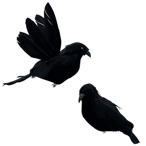 2pcs Black Feathered Crows Halloween Decorations Realistic Ravens Birds Clip-On