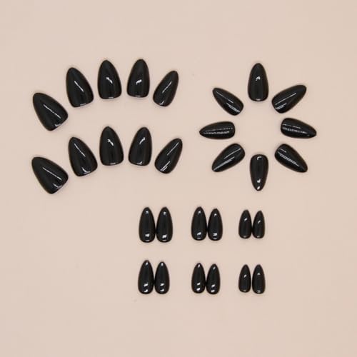 Solid Black Short Almond Press On Nails - Minimalist Reusable Fake Nails for Women