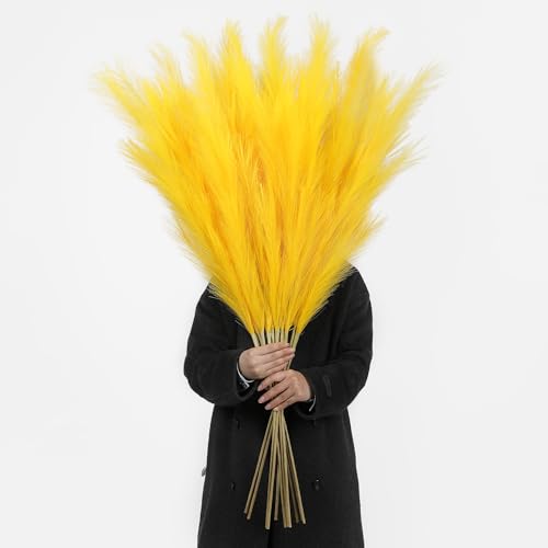 Yellow Pampas Grass Decor - Faux 8 Pieces, 45 Inch Tall, Lifelike Fluffy Stems