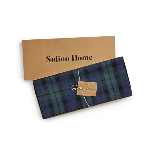 Pure Linen Table Runner 14x120 Inches Blue Green Plaid - Handcrafted, Eco-Friendly