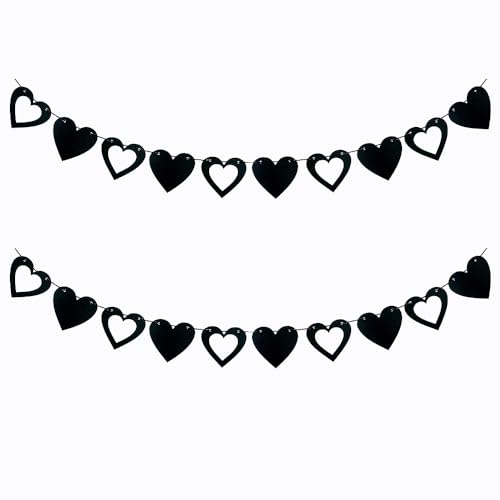 Black Felt Heart Garland Banner for Gothic Party & Wedding Decor - 2 Pack