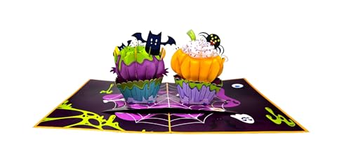 Halloween 3D Pop Up Card with Cupcake Monsters & Spooky Details - Handmade Greeting Card with Envelope