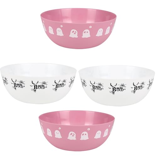 Large Halloween Candy Bowls Set - Reusable Plastic Trick or Treat Bowls - White Pink