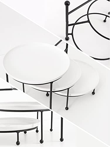Black 8-Inch 3-Tier Serving Stand with Porcelain Plates for Entertaining
