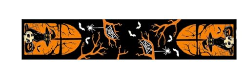 Halloween Table Runner with Black Cat Skull & Pumpkin Design - Animal Print Style, 72x13 Inches